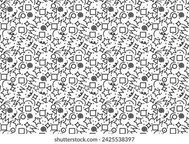 Fun black line doodle seamless pattern. Creative minimalist style art background for children or trendy design with basic shapes. Simple childish scribble backdrop.