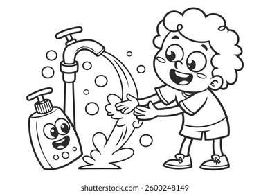 A fun and black vector illustration of a child washing hands with soap under running water