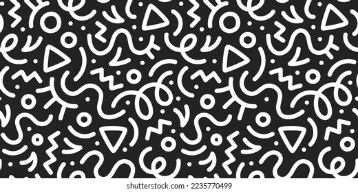 Fun black and white abstract line doodle seamless pattern. Creative minimalist style art background for children or trendy design with basic shapes. Simple childish scribble backdrop.