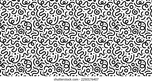 Fun black and white abstract line doodle seamless pattern. Creative minimalist style art background for children or trendy design with basic shapes. Simple childish scribble backdrop.