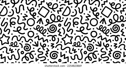 Fun black and white abstract line doodle seamless pattern. Creative minimalist style art background for children or trendy design with basic shapes. Simple childish scribble backdrop.