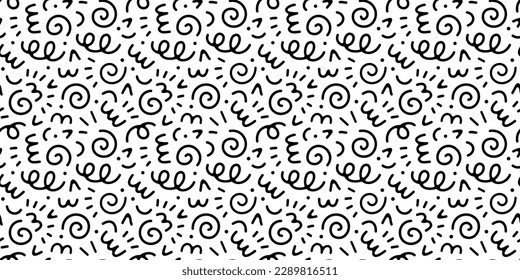 Fun black and white abstract line doodle seamless pattern. Creative minimalist style art background for children or trendy design with basic shapes. Simple childish scribble backdrop.