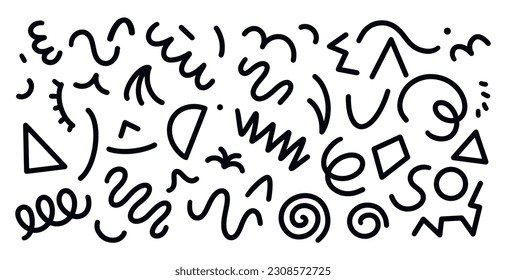 Fun black and white abstract line doodle shape set. Creative minimalist style art symbol collection with modern shapes. Hipster fashion Memphis style. Geometric vector drawing with black and white