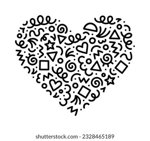 Fun black and white abstract line doodle heart shape. Creative minimalist style art symbol set for children or party celebration with modern shapes. Simple upbeat drawing scribble decoration.