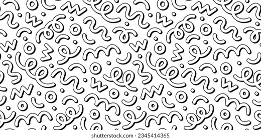 Fun black and white abstract line doodle seamless pattern. Creative minimalist style art background for children or trendy design with basic shapes. Simple childish scribble backdrop.