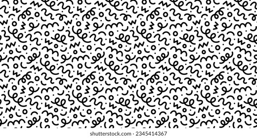 Fun black and white abstract line doodle seamless pattern. Creative minimalist style art background for children or trendy design with basic shapes. Simple childish scribble backdrop.