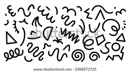Fun black and white abstract line doodle shape set. Creative minimalist style art symbol collection with modern shapes. Hipster fashion Memphis style. Geometric vector drawing with black and white