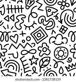 Spaß abstrakte schwarz-weiße Linien doodle nahtlose Muster. Kreative minimalistische Kunsthintergründe, trendiges Design mit unterschiedlichen Formen. Vektorgrafik