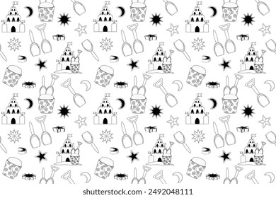 Una divertida página para colorear en blanco y negro con castillos de arena y juguetes de playa. Ideal para actividades creativas infantiles y artesanías de temática estival.