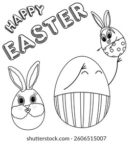 Fun Black and White coloring page featuring anthropomorphic family Easter eggs characters, a Easter bunny, and - Happy Easter - text in bold letters. Perfect for greeting card.