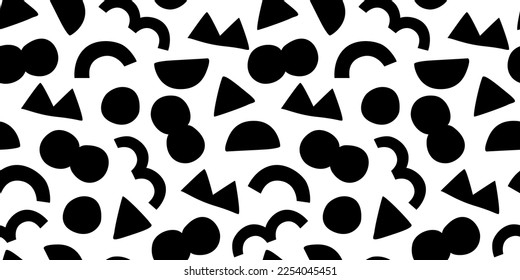 Fun black and white doodle seamless pattern. Creative minimalist style art background for children or trendy design with geometric shapes. Simple childish backdrop.