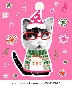 Fun black and white halftone collage vector cat with Santa Claus and ugly Christmas sweater, holiday greeting card