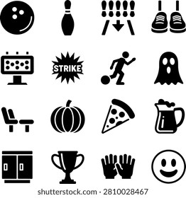 Fun black and white icons depicting bowling sports activities and casual entertainment elements