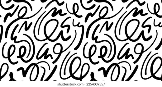 Fun black and white line doodle seamless pattern. Creative minimalist style art background for children or trendy design with basic shapes. Simple childish scribble backdrop.