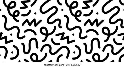 Fun black and white line doodle seamless pattern. Creative minimalist style art background for children or trendy design with basic shapes. Simple childish scribble backdrop.