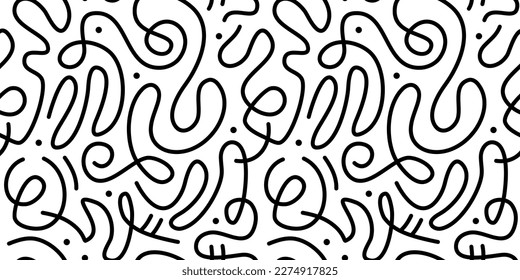 Fun black and white line doodle seamless pattern. Creative abstract squiggle style drawing background for children or trendy design with basic shapes. Simple childish scribble wallpaper print.