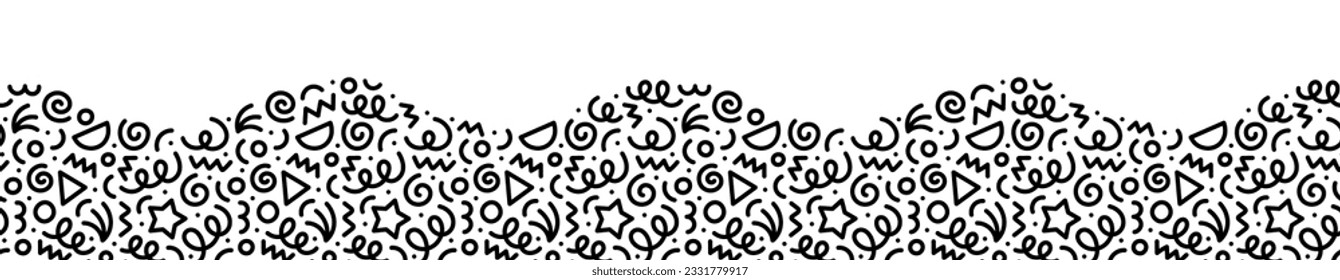 Fun black and white line doodle wave seamless pattern. Creative style art background for children or trendy design with basic shapes. Simple party confetti texture, childish scribble shape backdrop.