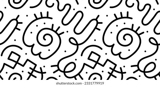 El doodle de la línea blanca y negra divertida es un patrón sin fisuras. Diseño creativo y abstracto con estilo de dibujo para niños o diseño de moda con formas básicas. Sencillo papel tapiz de garabato infantil.	
