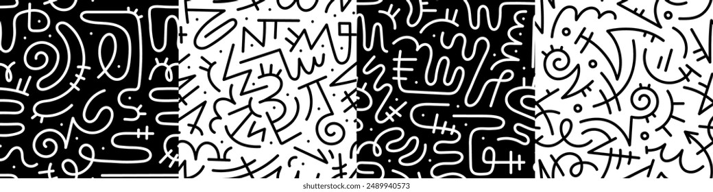 Fun black and white line doodle seamless pattern set. Creative abstract squiggle style drawing background for children or trendy design with basic shapes. Simple childish scribble wallpaper print.