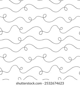 Linha preta e branca divertida rabiscar padrão sem emenda. Design de plano de fundo de desenho de estilo de rabisco abstrato criativo com formas encaracoladas. Simples fio rabiscar papel de parede impressão.