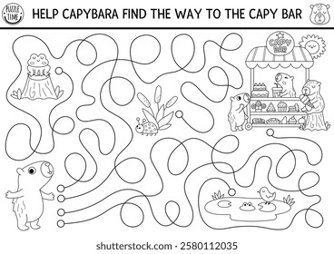 Fun black and white maze for kids with capybara going to dessert cart. Capibara preschool printable activity. Labyrinth game, coloring page, puzzle with cute animals, food trolley
