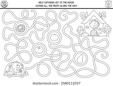 Fun black and white maze for kids with capybara driving car to the house. Capibara preschool printable activity with cute animal. Labyrinth game, coloring page or puzzle with watermelon, tangerine
