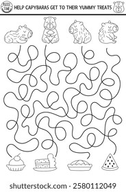 Fun black and white maze for kids with capybaras and yummy treats. Capibara preschool printable activity. Labyrinth game, coloring page or puzzle with cute animal. Whose dessert worksheet
