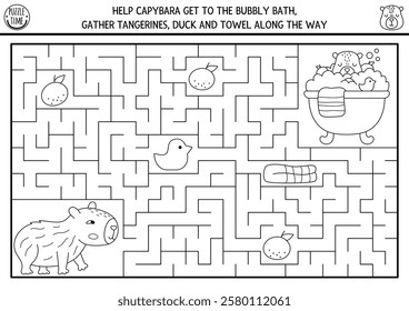 Fun black and white maze for kids with capybara going to bathtub with tangerine. Capibara preschool printable activity, coloring page. Geometric labyrinth game, puzzle with animal, bath tub
