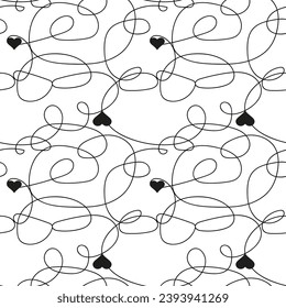 Fun black and white one line doodle seamless pattern with heart elements. Creative abstract squiggle style drawing background for children or trendy design with basic shapes. For wallpaper and textile