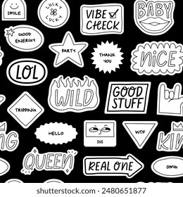 Fun black and white sticker seamless pattern. Retro comic style cartoon background illustration. Doodle quote label wallpaper print, funny chat texture with modern slang and positive words.