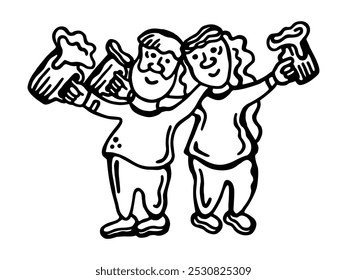 A fun black-and-white hand-drawn illustration of two friends cheerfully toasting with beer mugs, perfect for celebration, friendship, and party-themed designs.