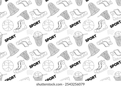 Página de coloração divertida com tema de esportes em preto-e-branco apresentando bolas de basquete, tênis e aros. Perfeito para atividades de volta à escola.