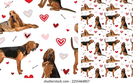 Fun Bloodhound dog Valentine's day heart wallpaper. Love doodles hearts with pets holiday texture. square background, repeatable pattern. St Valentine's day wallpaper, valentine present, print tiles.