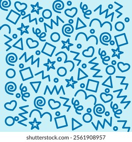 fun blue abstract line doodle shape set. colorful doodle art seamless pattern background design on light blue background. creative minimalist style art symbol collection for children.