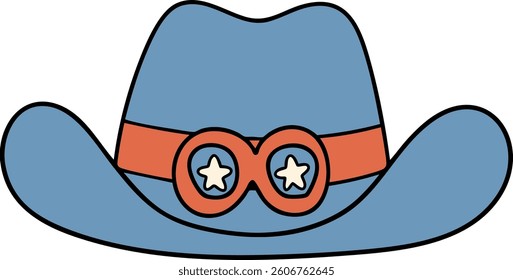 A fun blue cowboy hat with orange band and star shaped goggles, perfect for celebrations