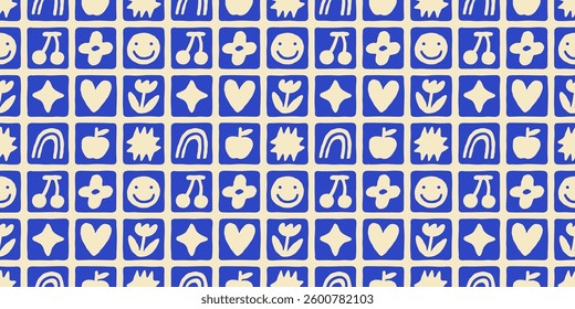 Fun blue geometric shape seamless pattern. Abstract retro children style art background for kids, trendy design with geometry mosaic shapes. Simple childish patchwork wallpaper texture.