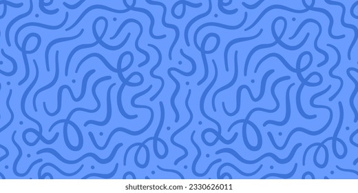 Fun blue line doodle seamless pattern. Creative minimalist style art background for children or trendy design with basic shapes. Simple childish scribble backdrop.