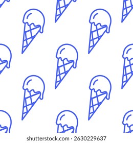 A fun blue seamless pattern with line art ice cream. Banner, wallpaper, wrapping paper, textile, notebook cover, packaging template.