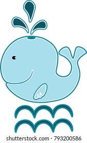 Fun Blue whale icon, isolated on the white. Cartoon whale baby vector illustration. 