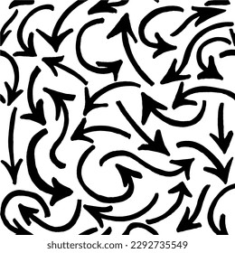 Fun  bold arrows seamless pattern. Brush drawn grunge style background with geometric elements, curved  lines. Thick brush strokes. 