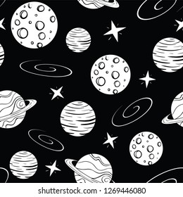 Fun and bold black and white galaxy print featuring galaxies, planets, and stars. Seamless vector graphic
