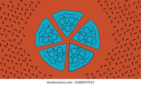 A fun and bold illustration featuring six bright blue pizza slices arranged in a circular on a textured red background. A creative and abstract take on food, pop art, and modern vector graphics.
