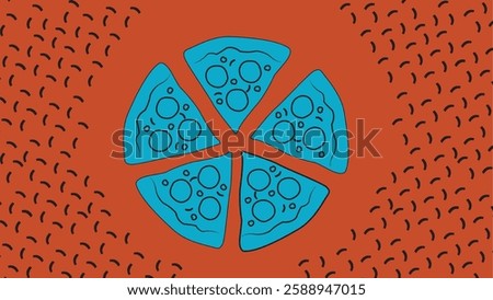 A fun and bold illustration featuring six bright blue pizza slices arranged in a circular on a textured red background. A creative and abstract take on food, pop art, and modern vector graphics.