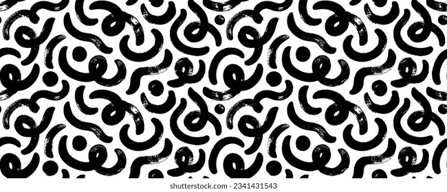 Fun bold line doodle and dots seamless pattern. Creative abstract squiggle style drawing vector background. Brush drawn bold squiggle lines with loops and thick dots. Childish vector pattern.