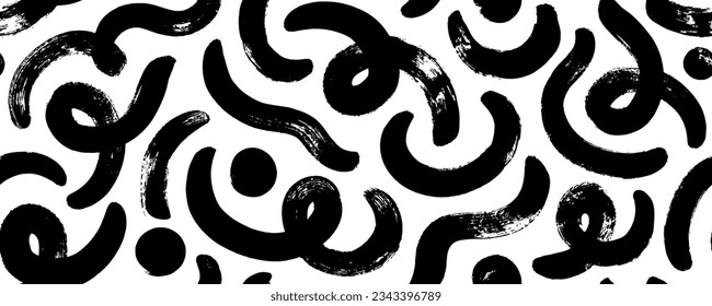 Fun bold line doodle and dots seamless pattern. Creative abstract squiggle style drawing vector background. Brush drawn bold squiggle lines with loops and thick dots. Childish vector pattern.