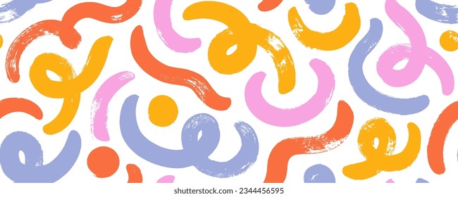 Fun bold line doodle and dots seamless pattern. Multi colored creative abstract squiggle style background. Brush drawn colorful bold squiggle lines with loops and thick dots. Childish vector pattern.
