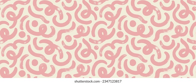 Divertido doodle de línea negrita y puntos sin fisuras en color rosa. Fondo creativo de dibujo con estilo de búsqueda abstracta. Cepillarse líneas de acurrucarse en negrita con bucles y puntos gruesos. Patrón vector infantil.