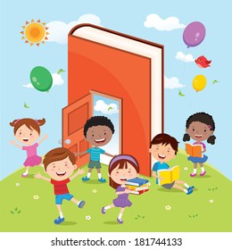 Fun With Books And Reading Activities. Vector Illustration Of Diverse Kids Having Outdoor Education Activities.