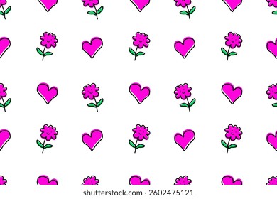 Fun botanical seamless pattern of two elements. White background, pink smiling flower, pink heart, green leaves. For packaging, textiles, wallpaper, website. Flat cartoon design.
