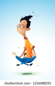 Fun boy character's meditation. Cartoon vector illustration